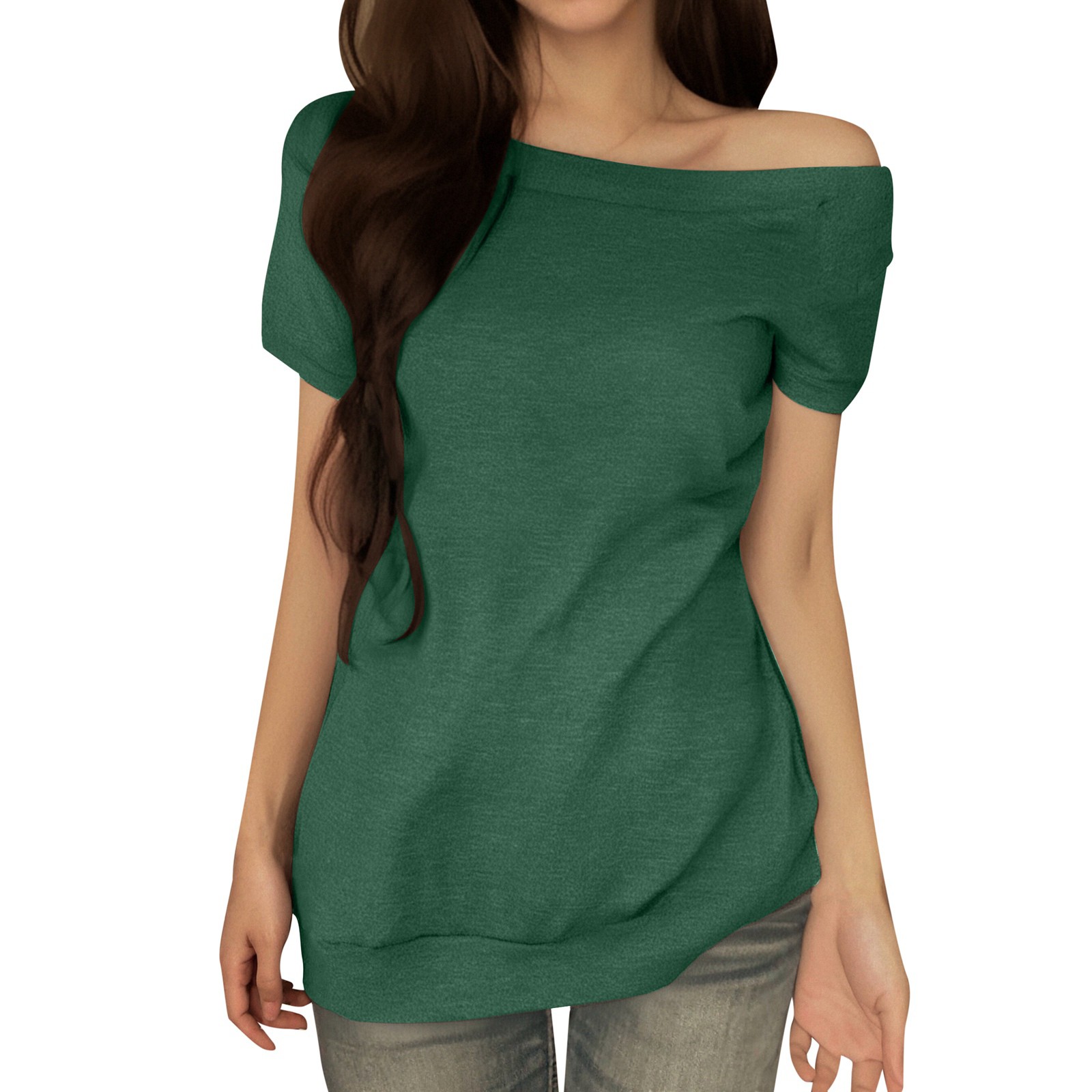 thumbnail image 1 of Blusa de manga corta con hombros descubiertos para mujer - Camiseta informal de verano de color liso, 1 of 6